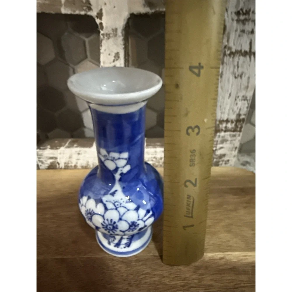 Vintage Cobalt Blue Glazed Pottery Cherry Blossom Bud Vase White Flower Motif